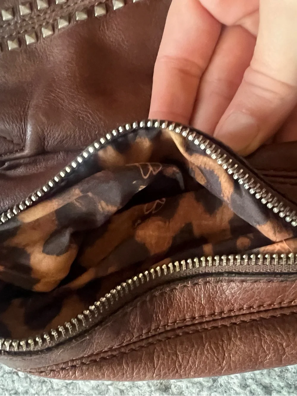 B. Makowsky Brown Animal Print Shoulder Bag, Zip, Studded Tassel, Pocket
